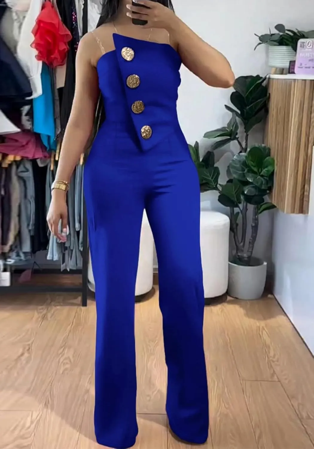 Tcremisa Women's Dressy Strapless Wide Leg Jumpsuit Sexy Tube Off Shoulder Romper Button Irregular One Piece Outfit