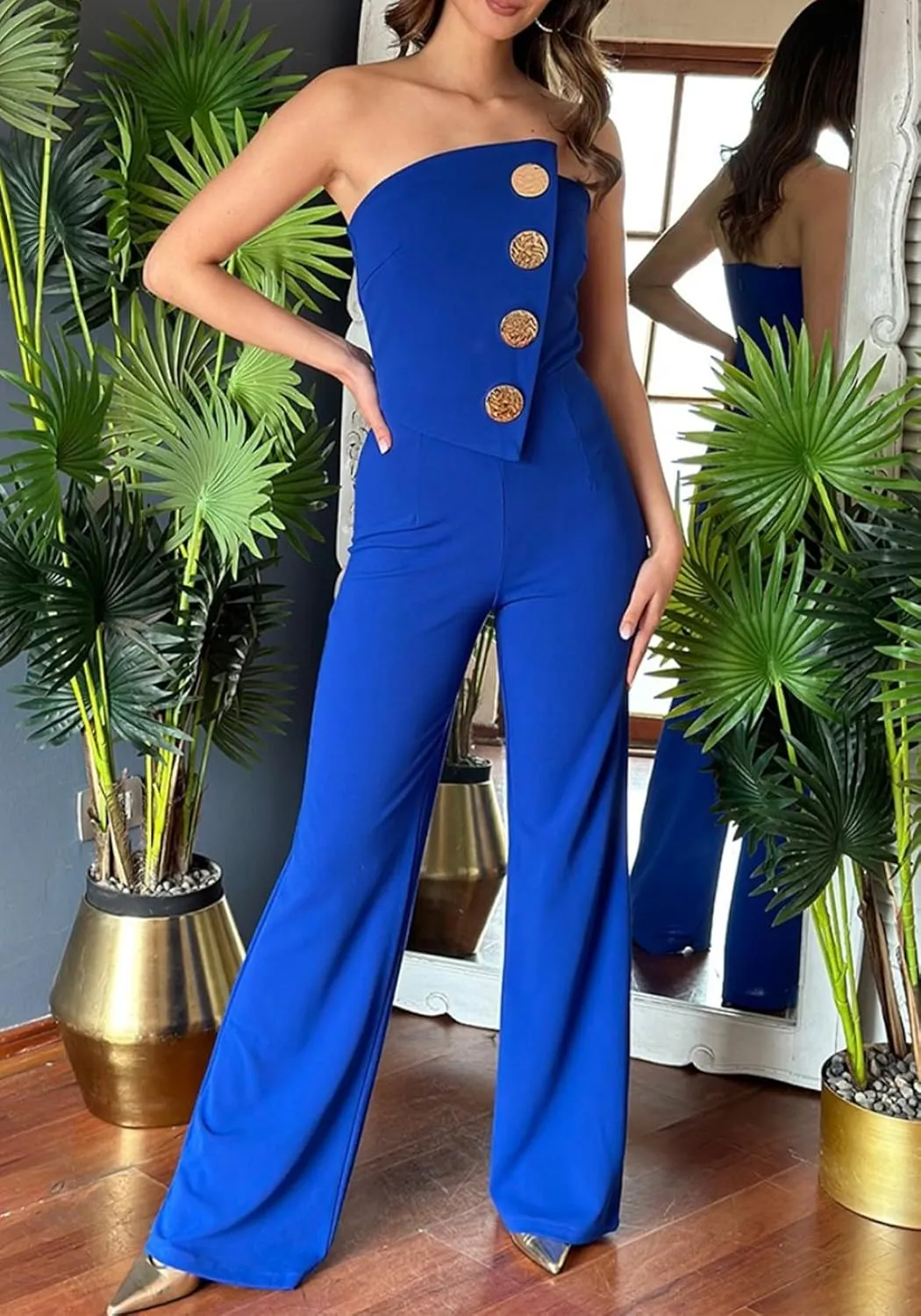 Tcremisa Women's Dressy Strapless Wide Leg Jumpsuit Sexy Tube Off Shoulder Romper Button Irregular One Piece Outfit