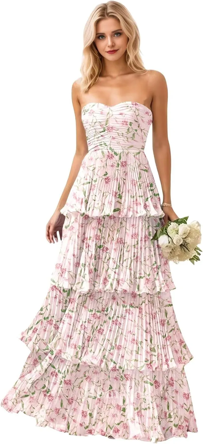 Tiered Ruffle Bridesmaid Dresses for Wedding Strapless Chiffon Prom Dresses Long Flowy Formal Evening Gowns for Women