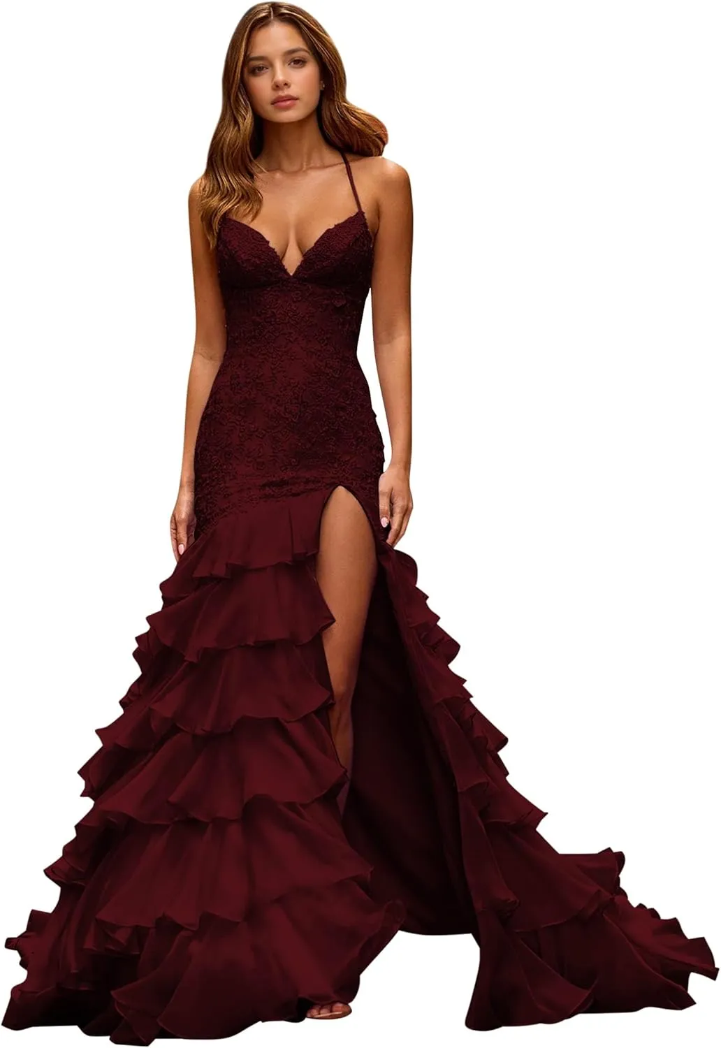 Tiered Ruffle Prom Dresses for Women 2025 Lace Appliques Chiffon Mermaid Long Formal Evening Gown with Slit