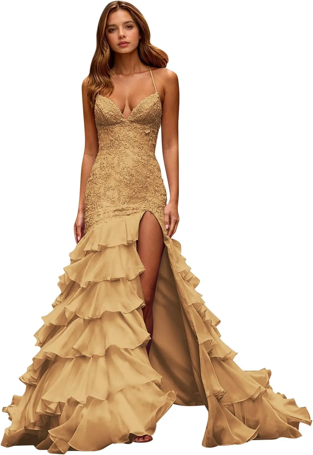 Tiered Ruffle Prom Dresses for Women 2025 Lace Appliques Chiffon Mermaid Long Formal Evening Gown with Slit