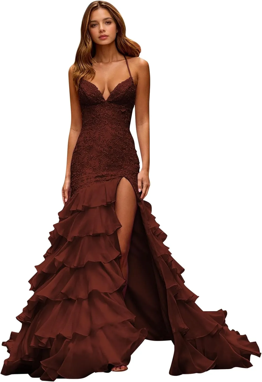 Tiered Ruffle Prom Dresses for Women 2025 Lace Appliques Chiffon Mermaid Long Formal Evening Gown with Slit