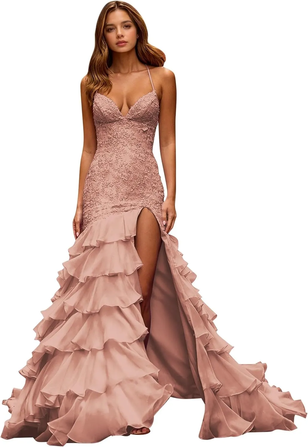 Tiered Ruffle Prom Dresses for Women 2025 Lace Appliques Chiffon Mermaid Long Formal Evening Gown with Slit