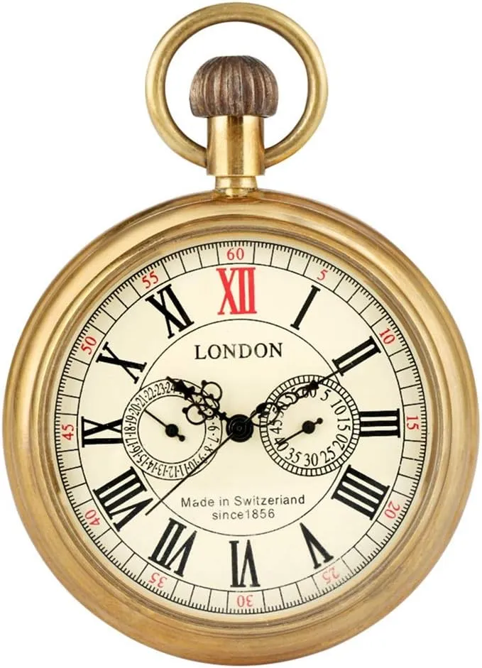 Tiong Vintage Copper Stainless Steel London Design Mechanical Hand-Wind Pocket Watch Mens Watches