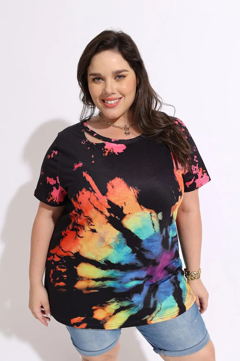 TIYOMI Plus Size T Shirt for Women Short Sleeve Shirts Tops Print Graphic Pattern Tunic Summer Blouse XL-5XL 14-28