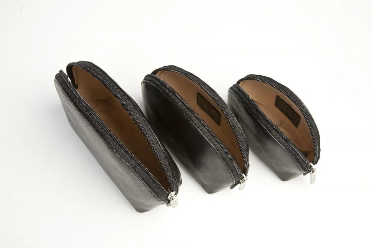 Tony Perotti Womens Italian Cow Leather 3-Piece Makeup Cosmetic Toiletry Travel Cases in Black - Black
