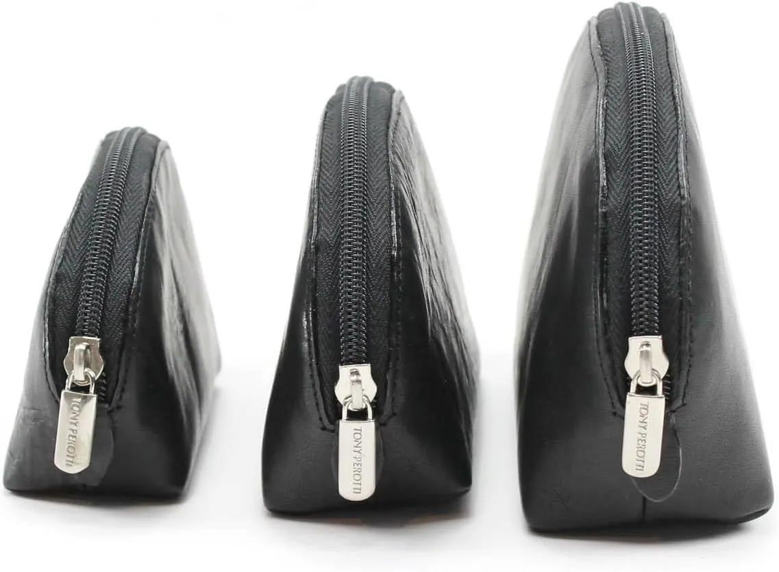 Tony Perotti Womens Italian Cow Leather 3-Piece Makeup Cosmetic Toiletry Travel Cases in Black - Black