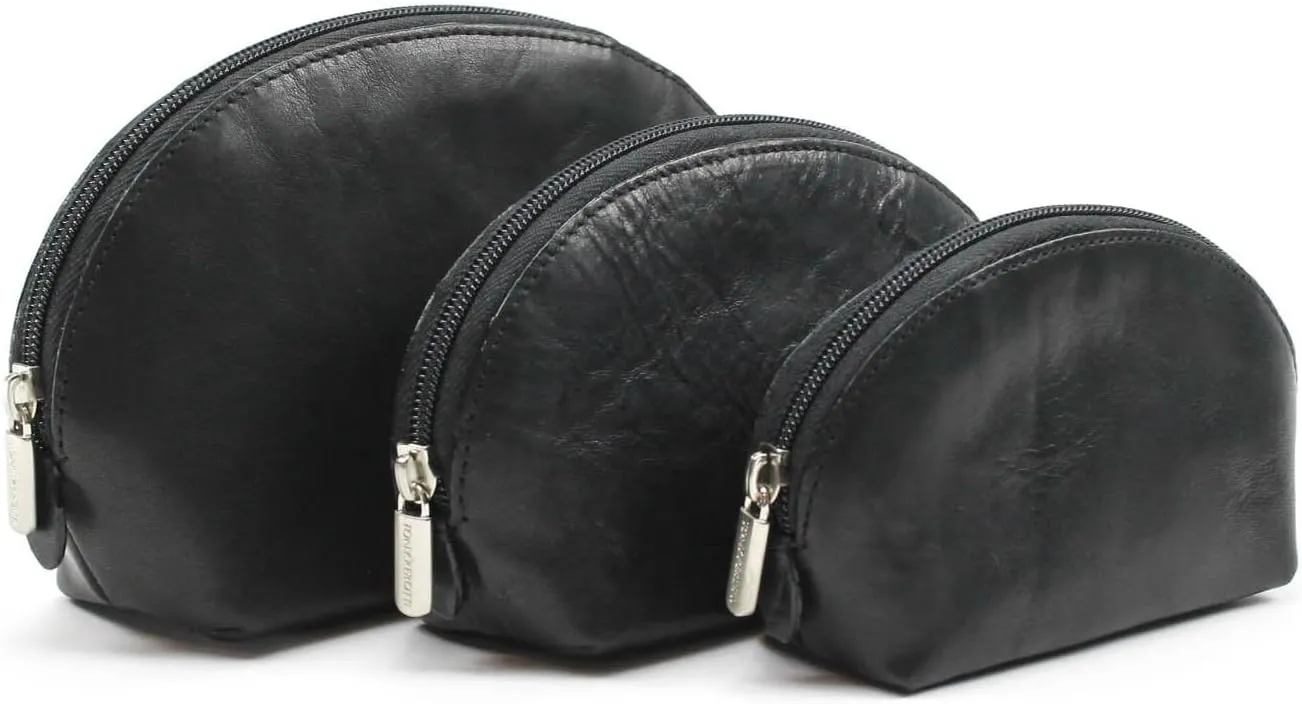 Tony Perotti Womens Italian Cow Leather 3-Piece Makeup Cosmetic Toiletry Travel Cases in Black - Black