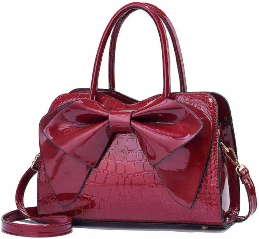 Top-handle Bag Tote for Women Patent PU Leather Shoulder Crosssbody Bags Satchel Bowknot Handbag Purse