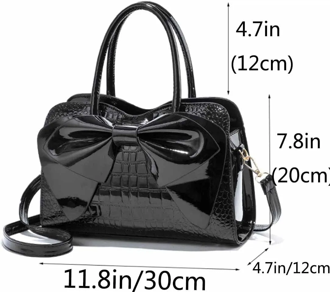 Top-handle Bag Tote for Women Patent PU Leather Shoulder Crosssbody Bags Satchel Bowknot Handbag Purse
