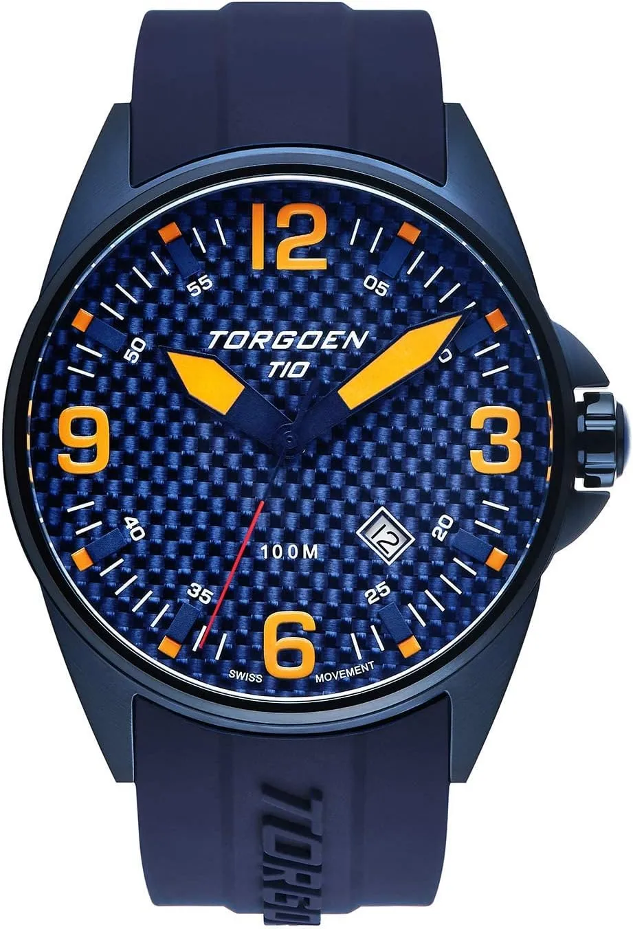 Torgoen T10 Blue Carbon Pilot Watch for Men, Swiss Quartz, Sapphire Crystal with Blue Silicone Strap and Orange Digits