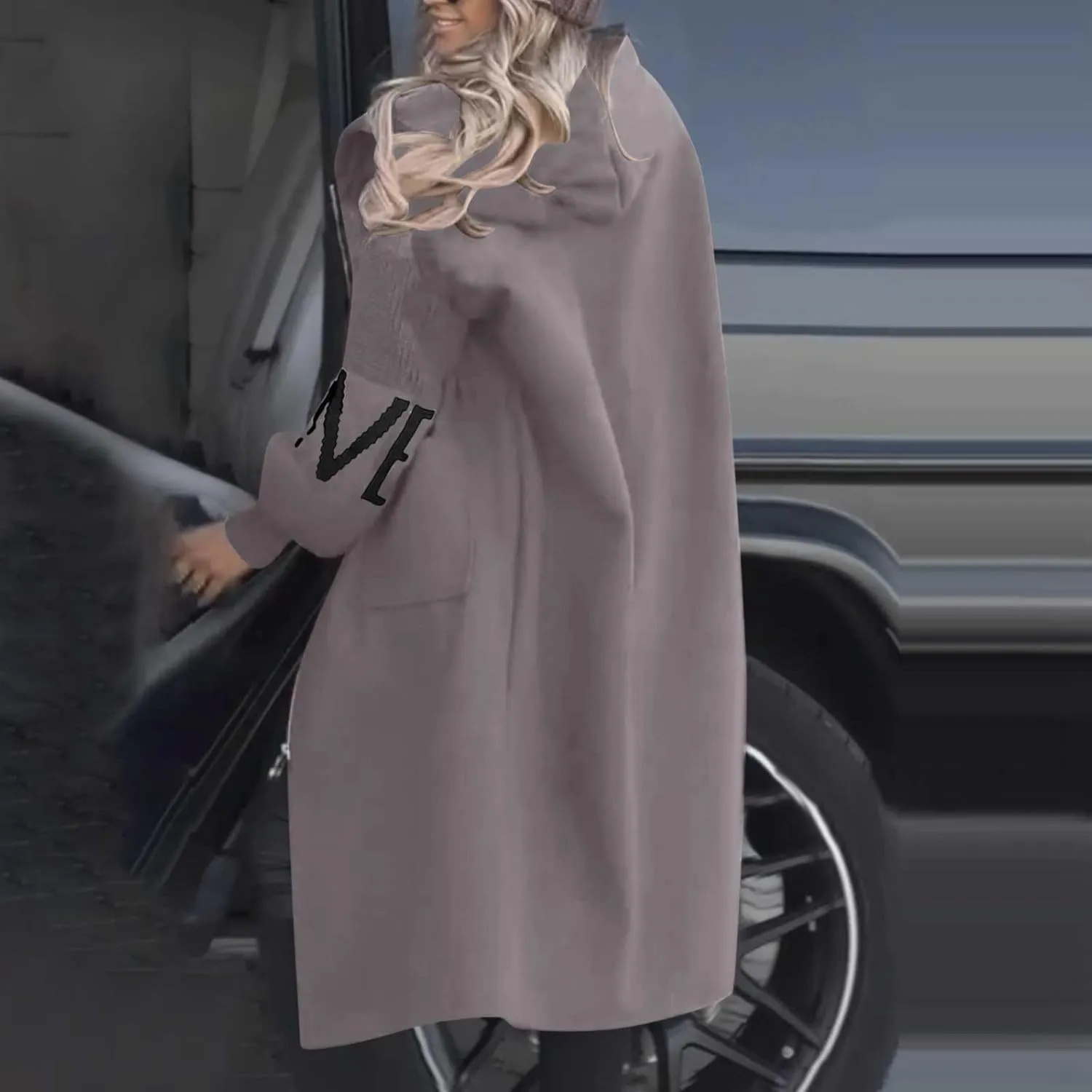 Trench Coats for Women Fashion Letter Knitted Patchwork Hooded Jackets Pocket Casual Zipper Drawstring Long Overcoat