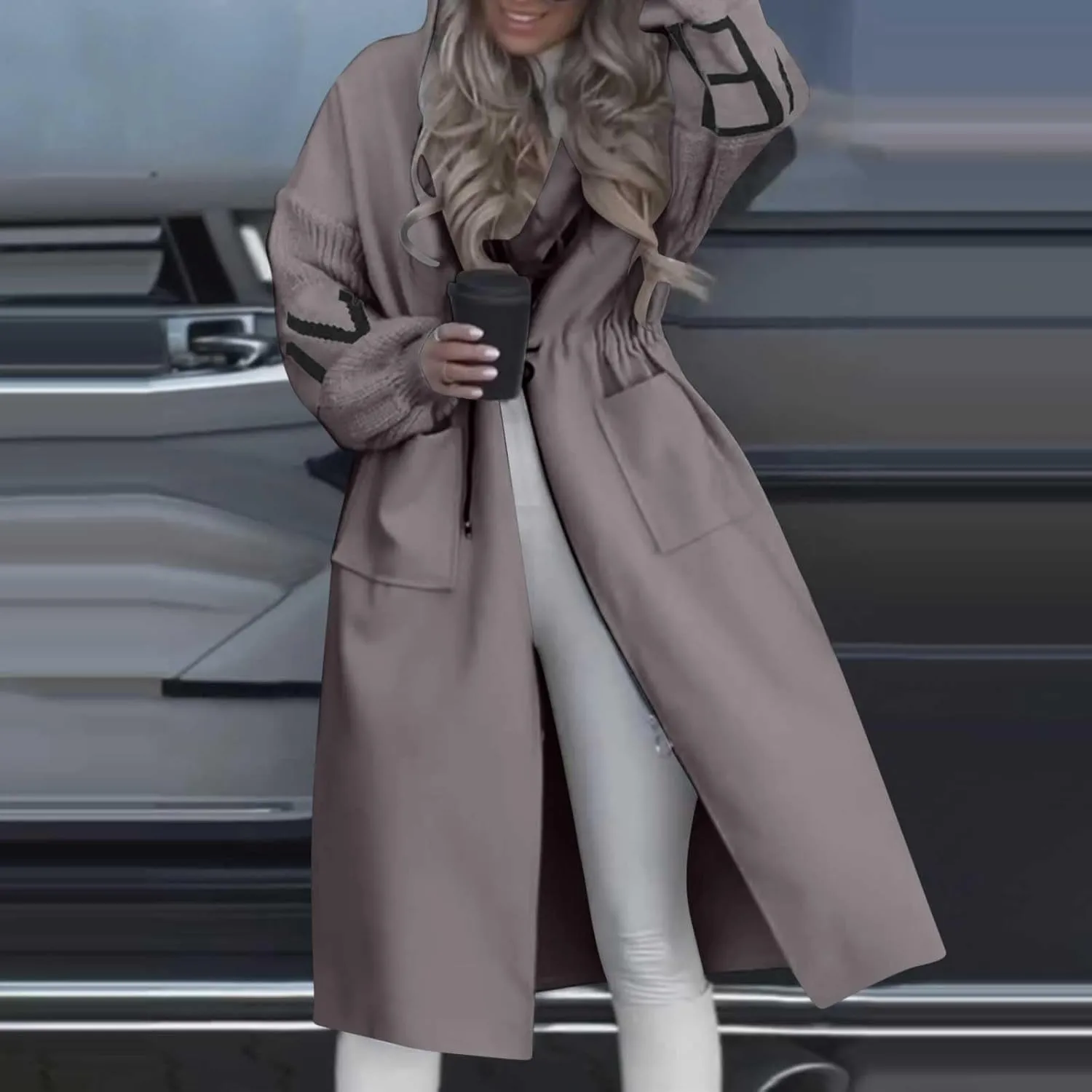 Trench Coats for Women Fashion Letter Knitted Patchwork Hooded Jackets Pocket Casual Zipper Drawstring Long Overcoat