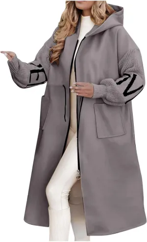 Trench Coats for Women Fashion Letter Knitted Patchwork Hooded Jackets Pocket Casual Zipper Drawstring Long Overcoat