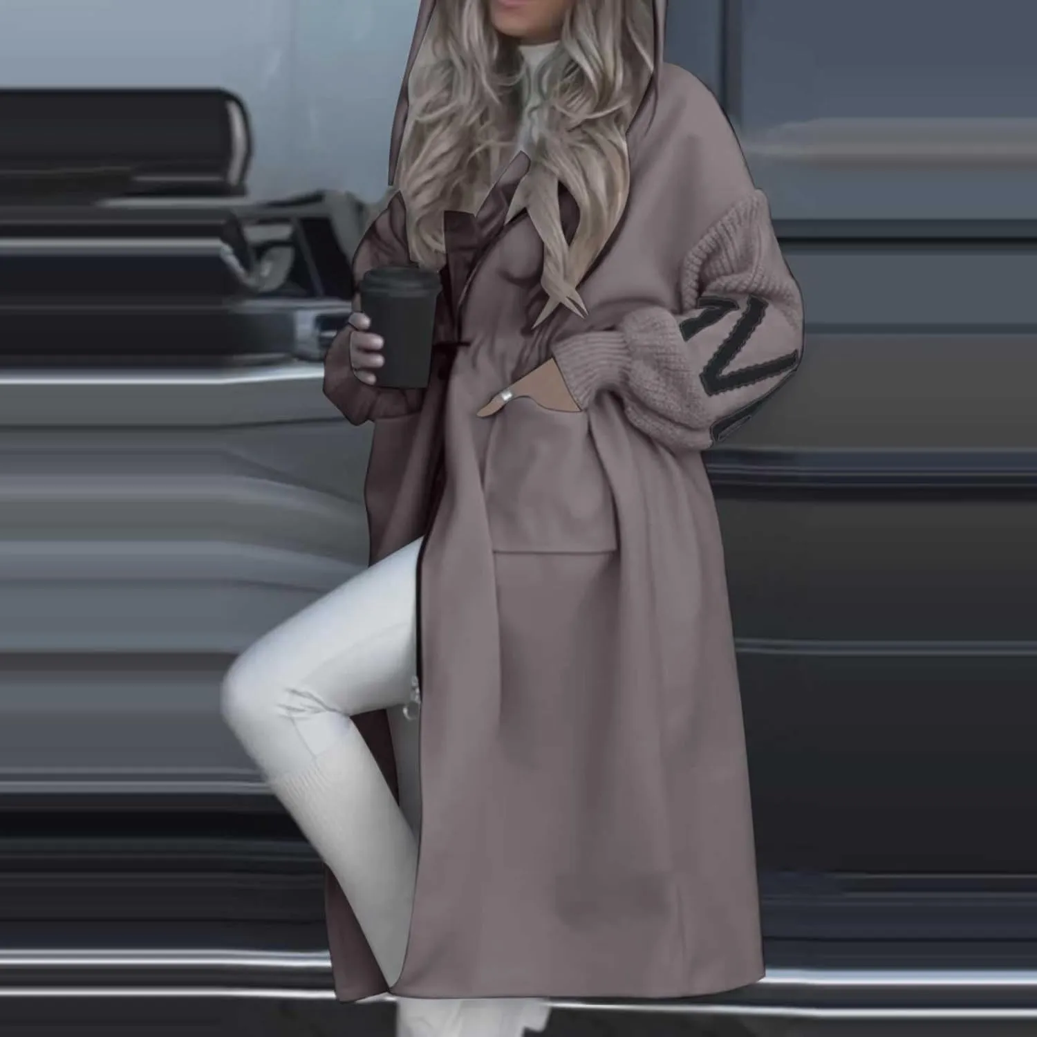 Trench Coats for Women Fashion Letter Knitted Patchwork Hooded Jackets Pocket Casual Zipper Drawstring Long Overcoat