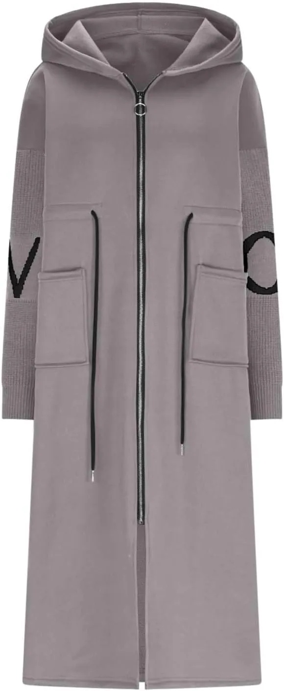 Trench Coats for Women Fashion Letter Knitted Patchwork Hooded Jackets Pocket Casual Zipper Drawstring Long Overcoat