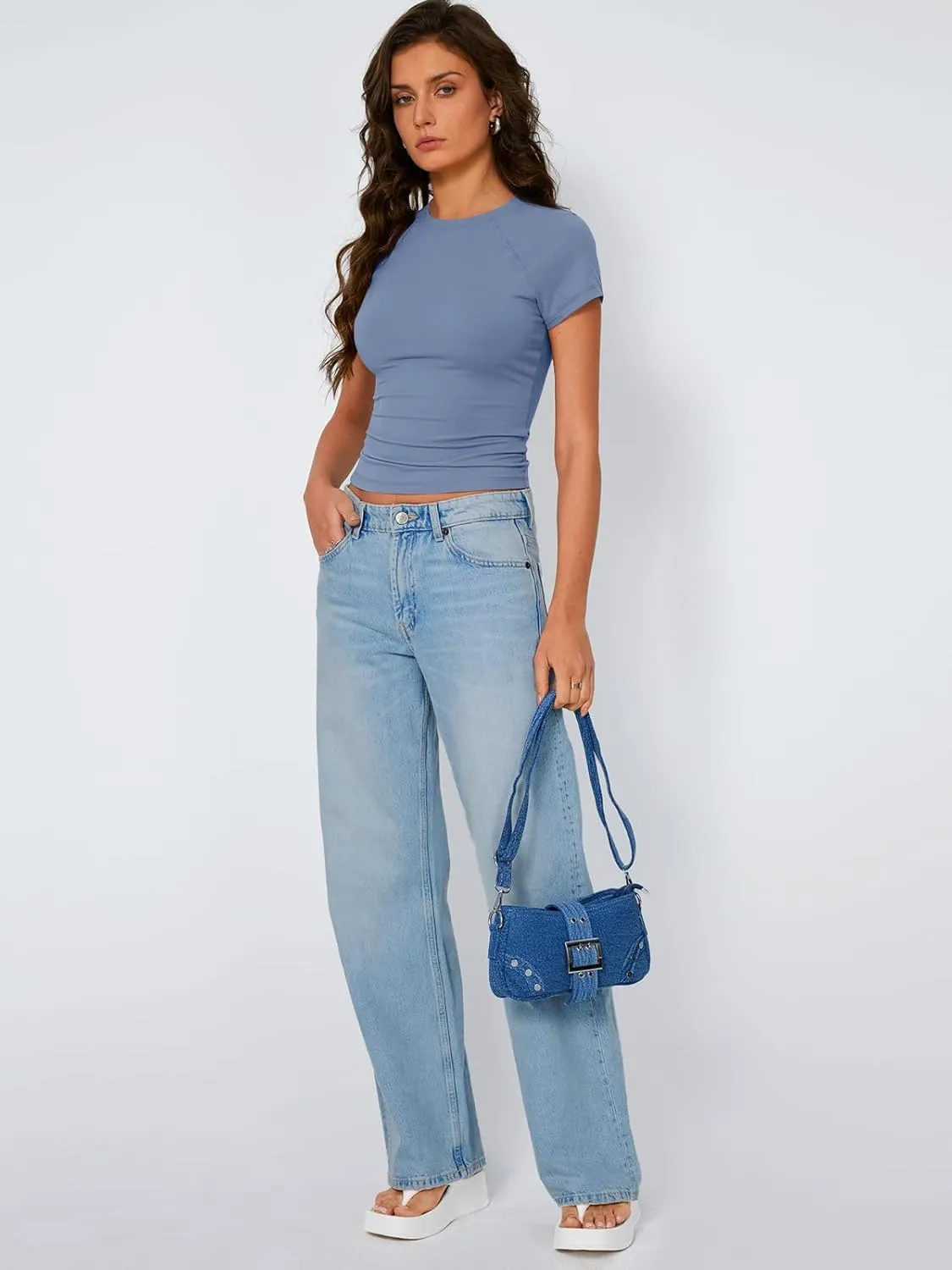 Trendy Queen Womens Short Sleeve Shirts Summer 2025 Raglan T Shirts Basic Tees Crewneck Crop Tops Slim Fit Y2K Clothes