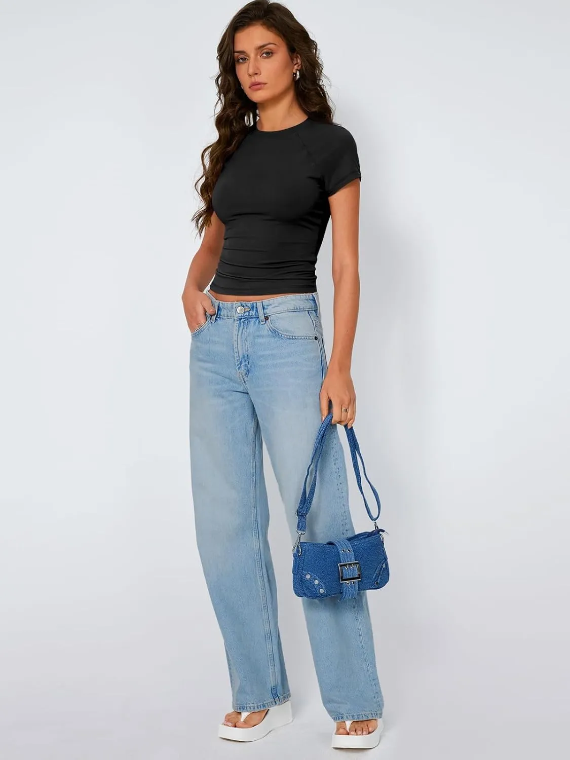 Trendy Queen Womens Short Sleeve Shirts Summer 2025 Raglan T Shirts Basic Tees Crewneck Crop Tops Slim Fit Y2K Clothes