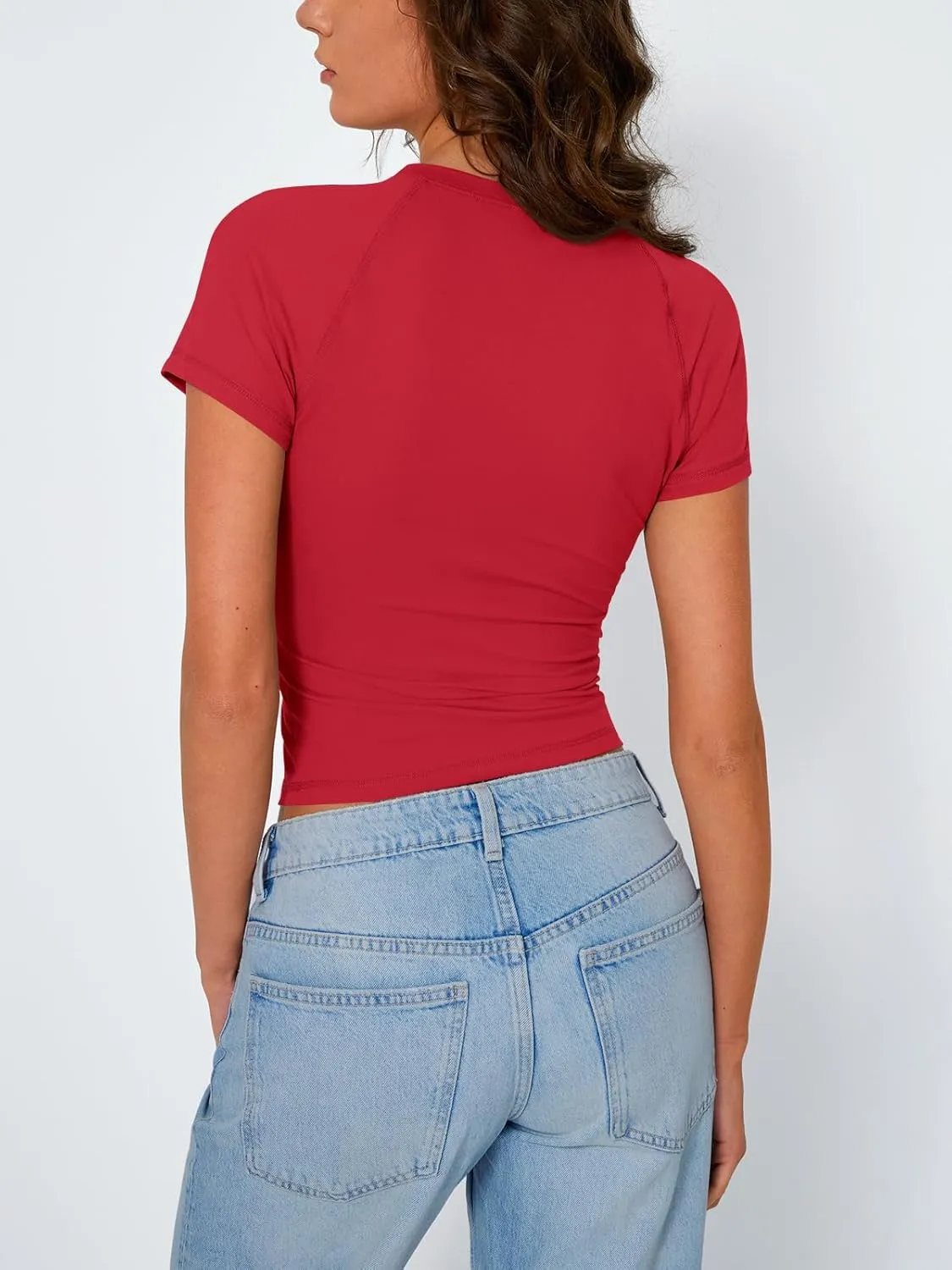 Trendy Queen Womens Short Sleeve Shirts Summer 2025 Raglan T Shirts Basic Tees Crewneck Crop Tops Slim Fit Y2K Clothes