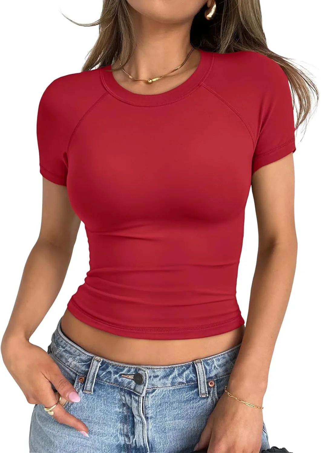 Trendy Queen Womens Short Sleeve Shirts Summer 2025 Raglan T Shirts Basic Tees Crewneck Crop Tops Slim Fit Y2K Clothes