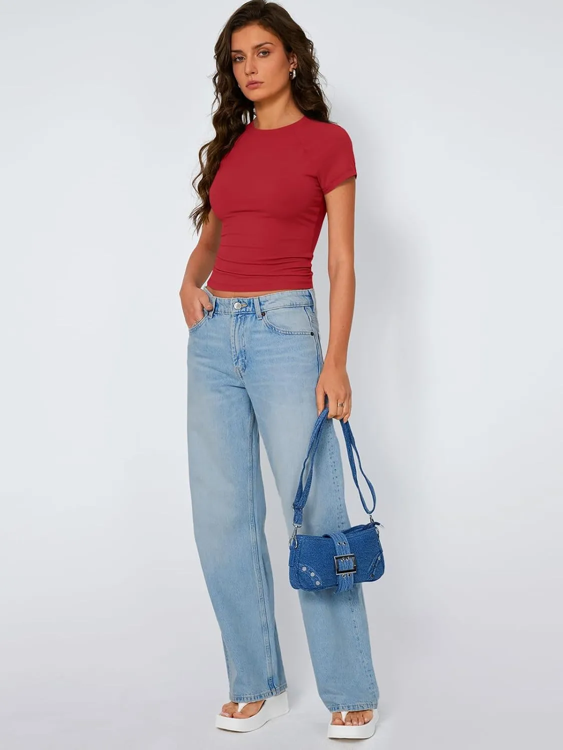 Trendy Queen Womens Short Sleeve Shirts Summer 2025 Raglan T Shirts Basic Tees Crewneck Crop Tops Slim Fit Y2K Clothes