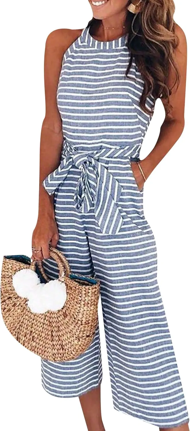TYQQU Women's Summer Loose Sleeveless Jumpsuit Spaghetti Strap Adjustable Waist Rompers Solid Short Pant Rompers