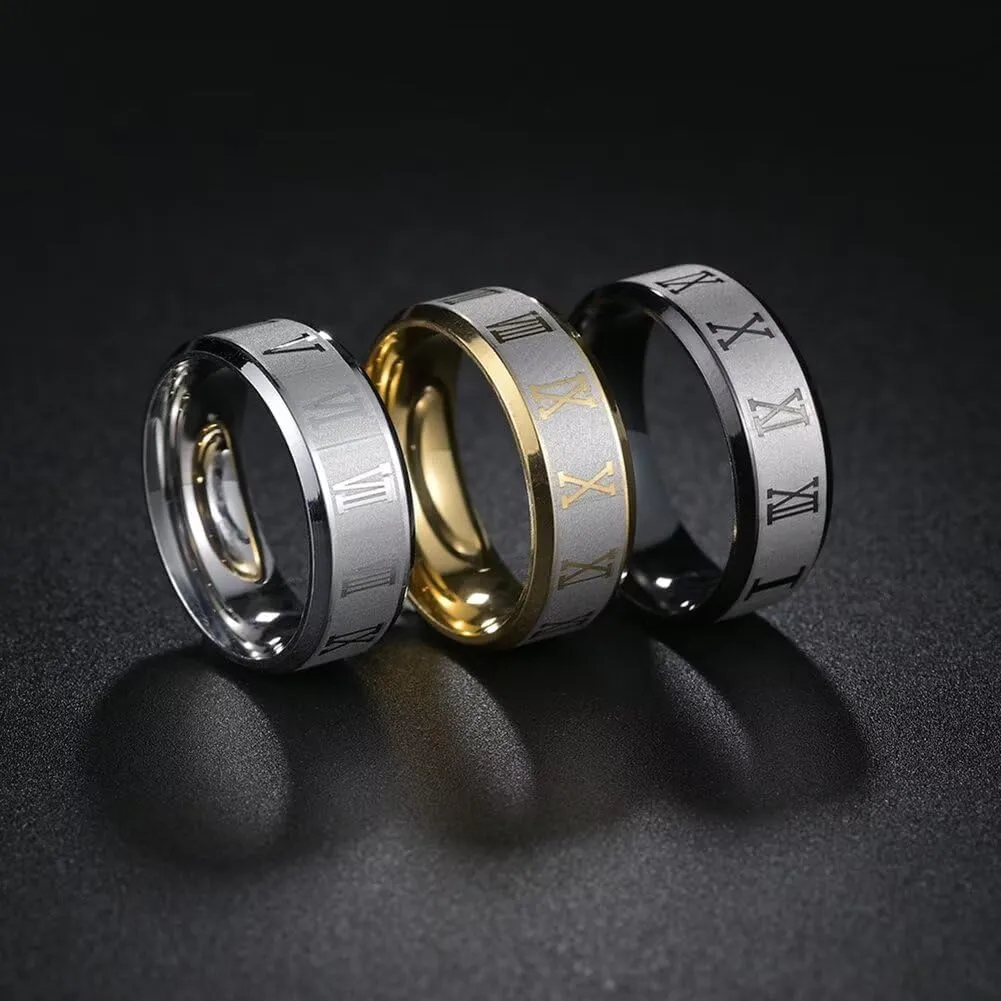 Unisex Stainless Steel 8MM Classic Roman Numerals Couple Ring Wedding Band Rings
