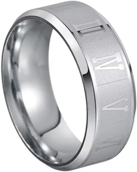 Unisex Stainless Steel 8MM Classic Roman Numerals Couple Ring Wedding Band Rings