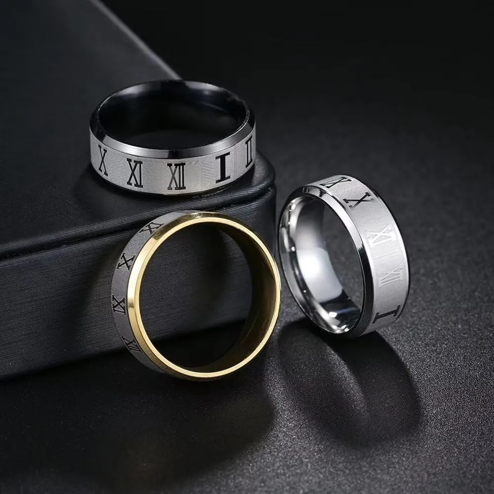 Unisex Stainless Steel 8MM Classic Roman Numerals Couple Ring Wedding Band Rings