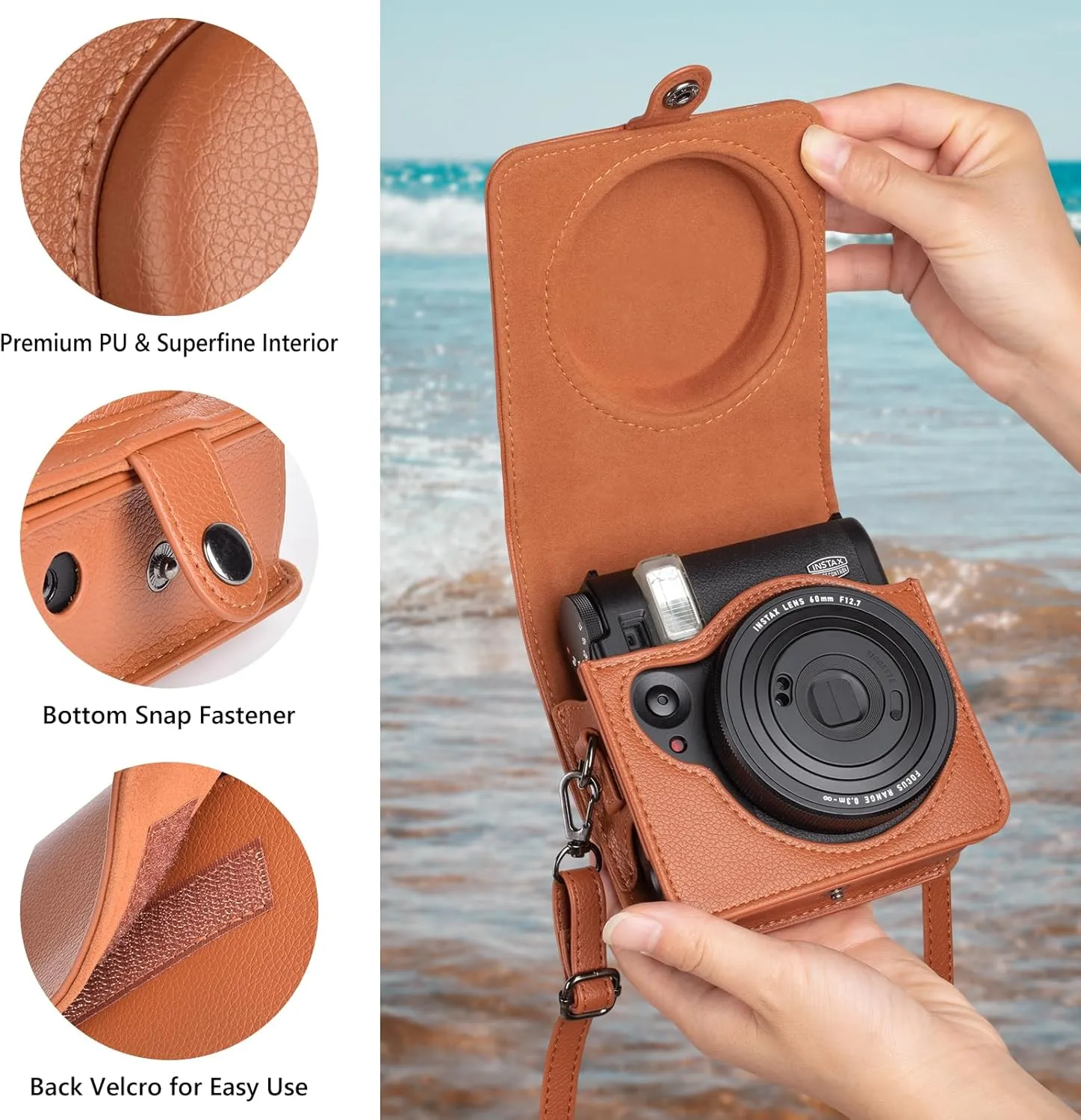 Upgraded Leather Case Compatible with Fujifilm Instax Mini 99 Instant Camera, Instax Mini 99 Case Integrated Protective Cover with Shoulder Strap - Brown