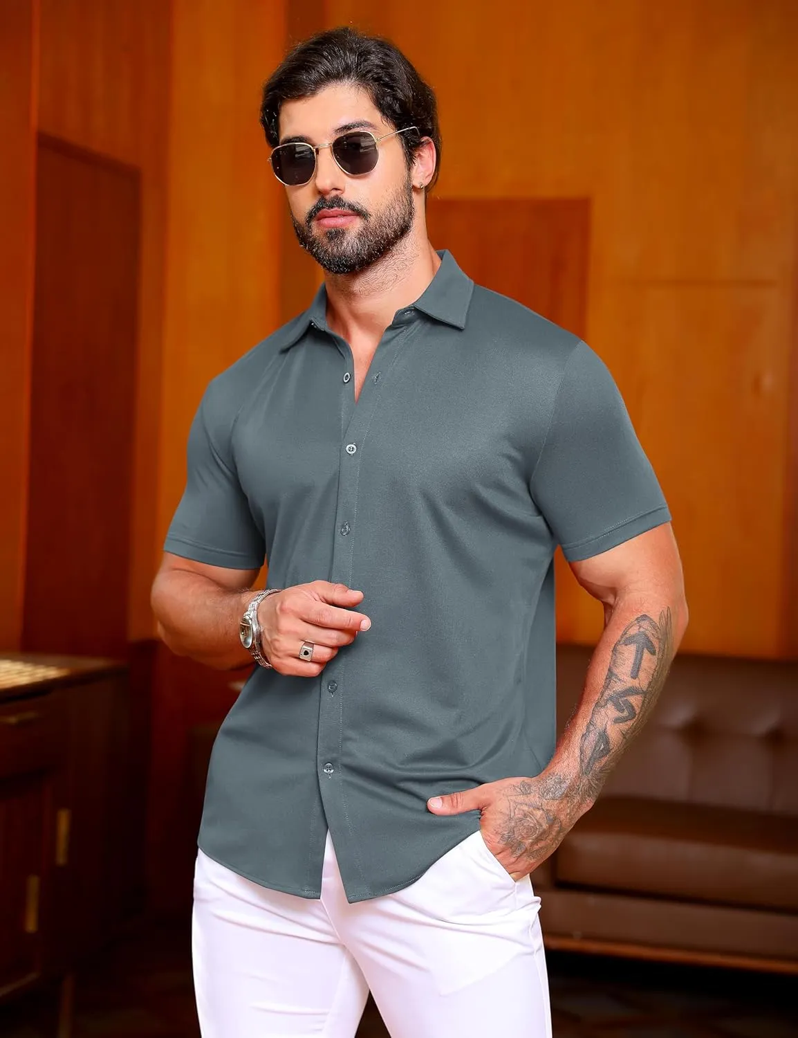 URRU Men's Muscle Dress Shirts Slim Fit Stretch Wrinkle Free Short Sleeve Casual Button Down Shirts