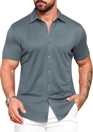 URRU Men's Muscle Dress Shirts Slim Fit Stretch Wrinkle Free Short Sleeve Casual Button Down Shirts