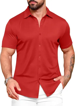 URRU Men's Muscle Dress Shirts Slim Fit Stretch Wrinkle Free Short Sleeve Casual Button Down Shirts