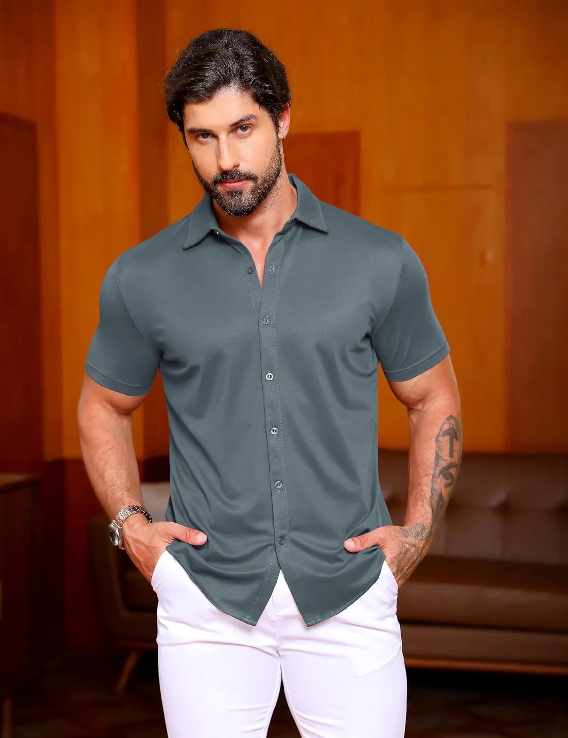 URRU Men's Muscle Dress Shirts Slim Fit Stretch Wrinkle Free Short Sleeve Casual Button Down Shirts