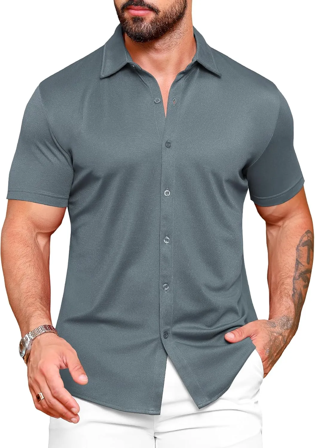 URRU Men's Muscle Dress Shirts Slim Fit Stretch Wrinkle Free Short Sleeve Casual Button Down Shirts
