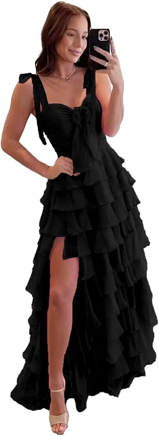 V Neck Tiered Chiffon Prom Dress for Teens Ruffle Prom Dresses for Women Women's A Line Formal Evening Gowns with Slit