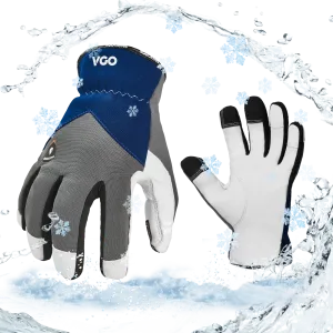 VGO 1 Pair 0℃/32°F Winter Leather Work Gloves, Cold Weather Waterproof Safety Work Gloves,Cold Storage or Freezer Use,with 3M Thinsulate Lining (Grey, GA7711FW)
