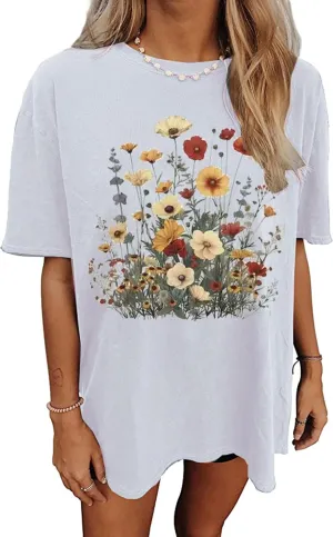 Vintage Floral T Shirt Women Boho Wildflower Graphic Tees Nature Flowers Printed Shirts Oversized Short Sleeve Tops