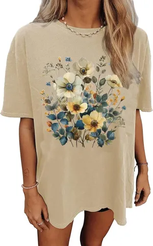 Vintage Floral T Shirt Women Boho Wildflower Graphic Tees Nature Flowers Printed Shirts Oversized Short Sleeve Tops