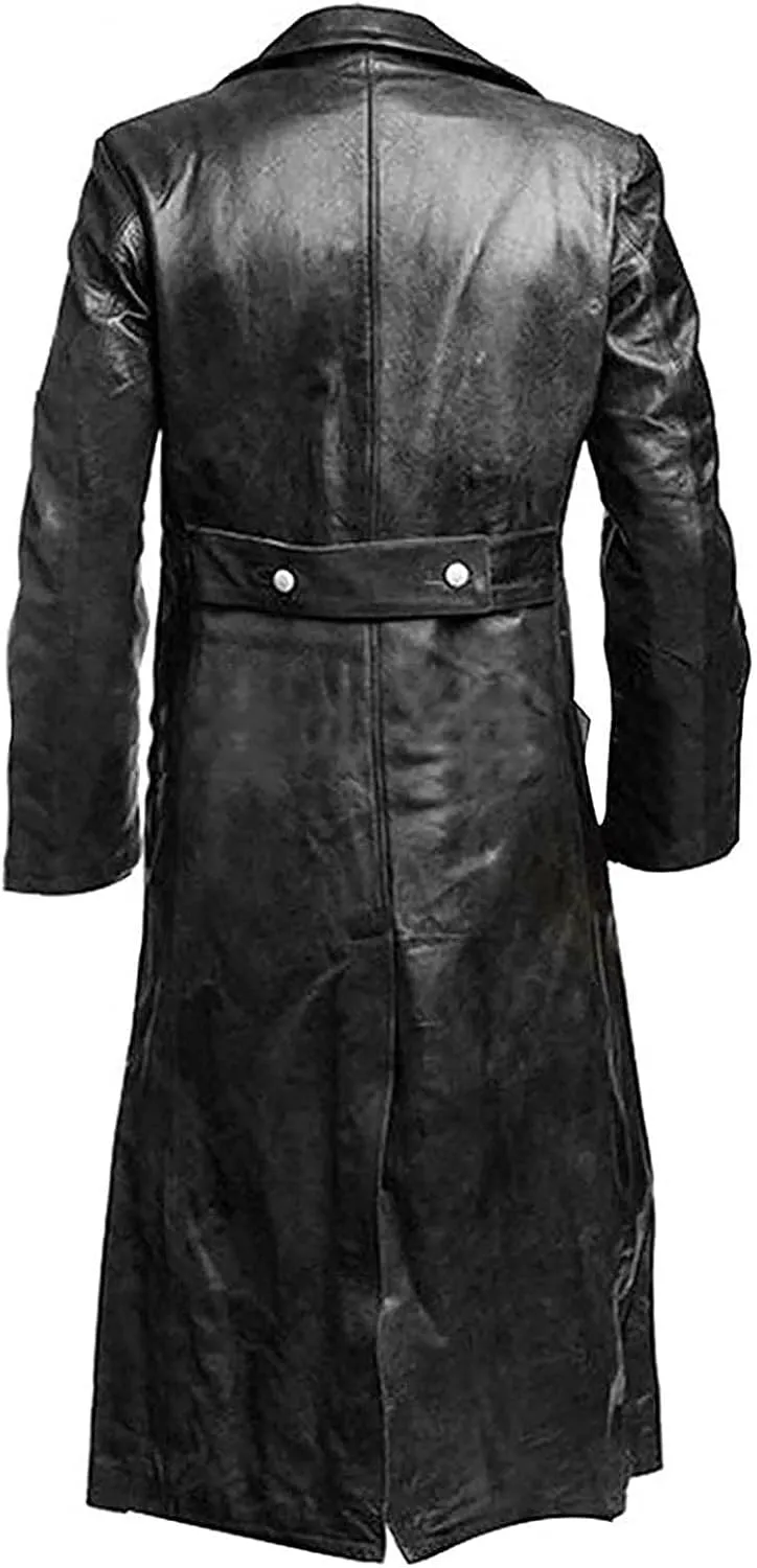 Wankang Mens WW2 Officer Military Uniform Black Faux Leather Trench Coat Jacket Vintage Long Trench Coat Motorcycle Jakcet