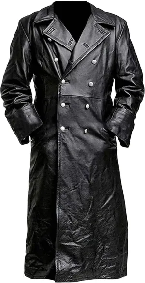 Wankang Mens WW2 Officer Military Uniform Black Faux Leather Trench Coat Jacket Vintage Long Trench Coat Motorcycle Jakcet