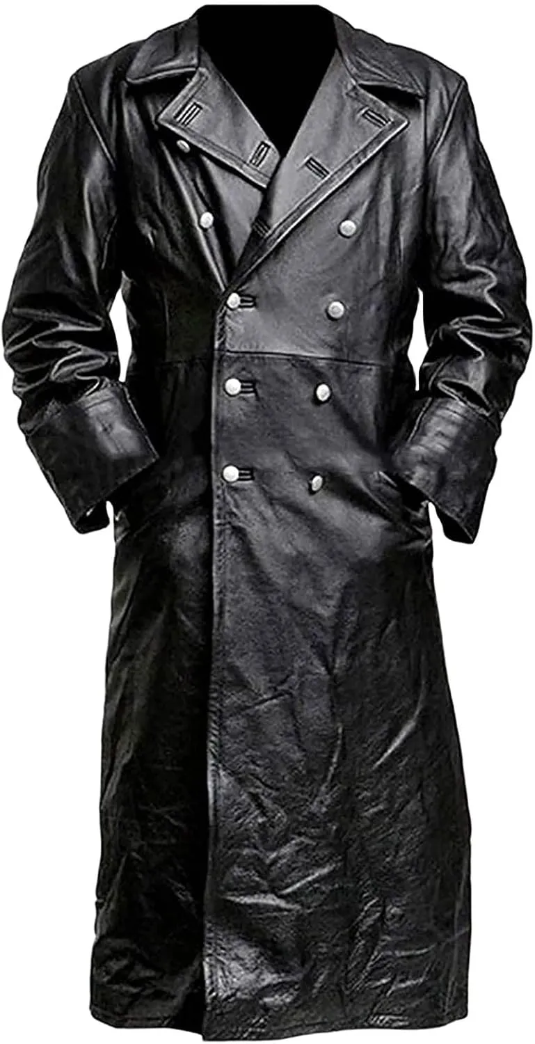 Wankang Mens WW2 Officer Military Uniform Black Faux Leather Trench Coat Jacket Vintage Long Trench Coat Motorcycle Jakcet