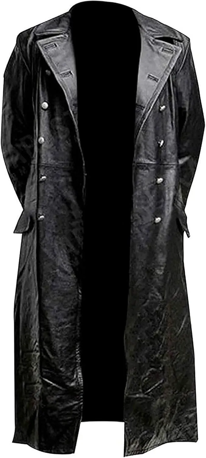Wankang Mens WW2 Officer Military Uniform Black Faux Leather Trench Coat Jacket Vintage Long Trench Coat Motorcycle Jakcet