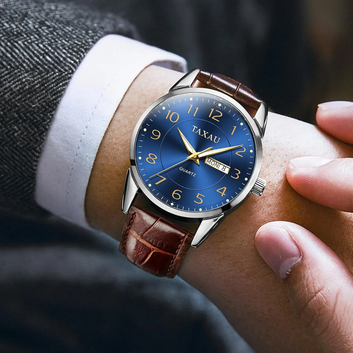 Watch Men,Big Face Watch for Men,Leather Band Wrist Man Watches,Classic Date Day Watches Mens Analog Waterproof Relojes para Hombres Blue/Gray/White/Black Dial