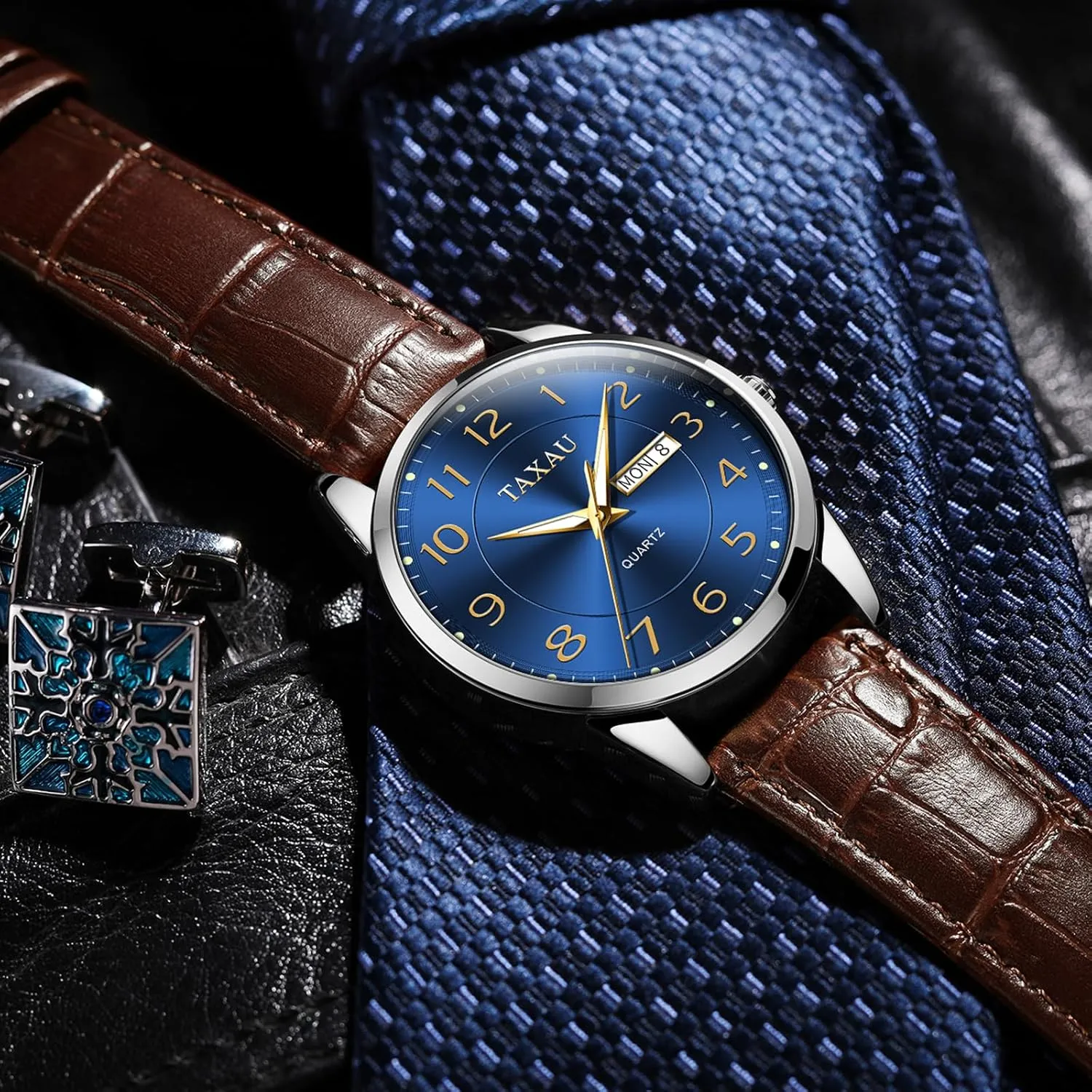 Watch Men,Big Face Watch for Men,Leather Band Wrist Man Watches,Classic Date Day Watches Mens Analog Waterproof Relojes para Hombres Blue/Gray/White/Black Dial