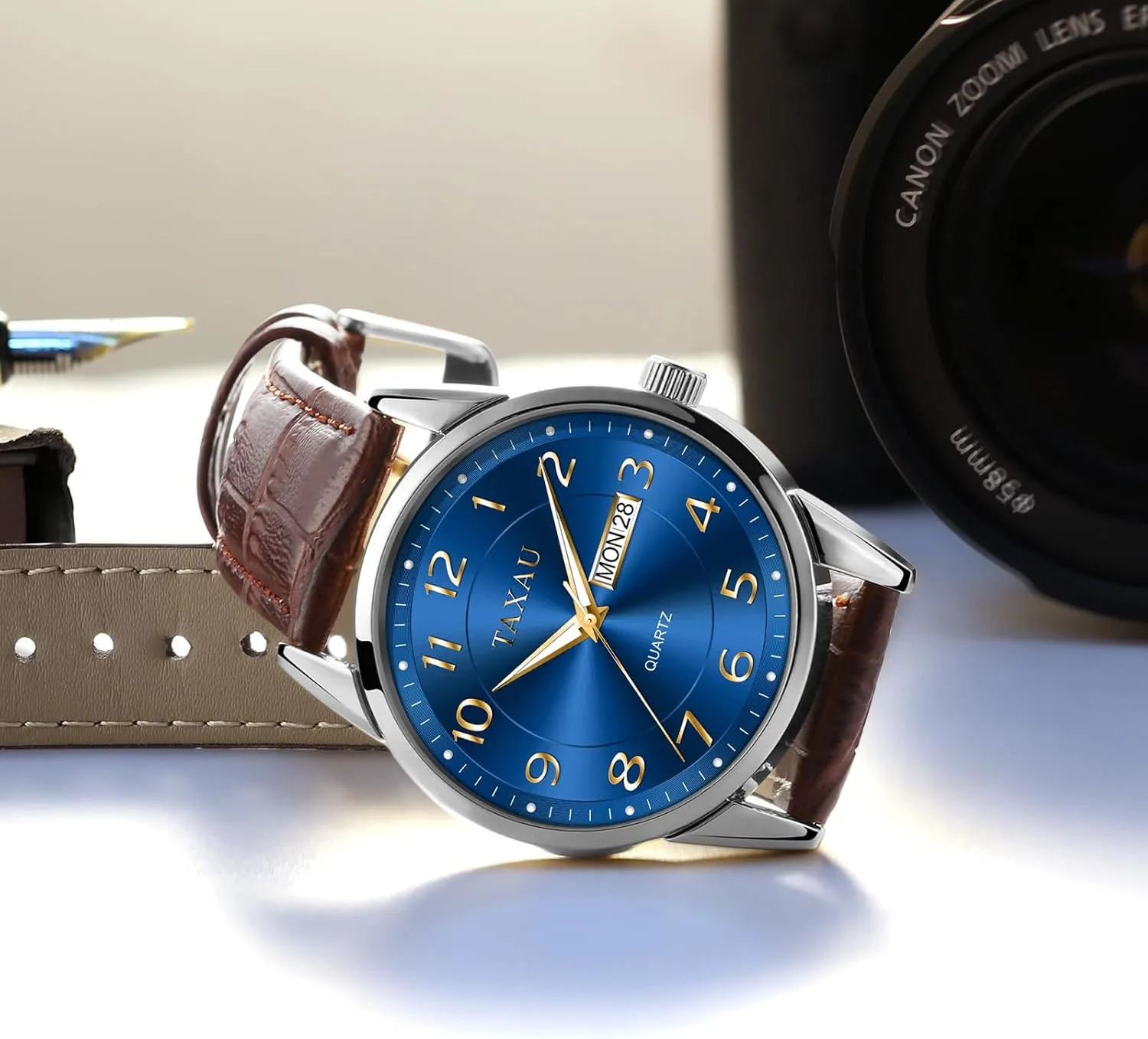 Watch Men,Big Face Watch for Men,Leather Band Wrist Man Watches,Classic Date Day Watches Mens Analog Waterproof Relojes para Hombres Blue/Gray/White/Black Dial