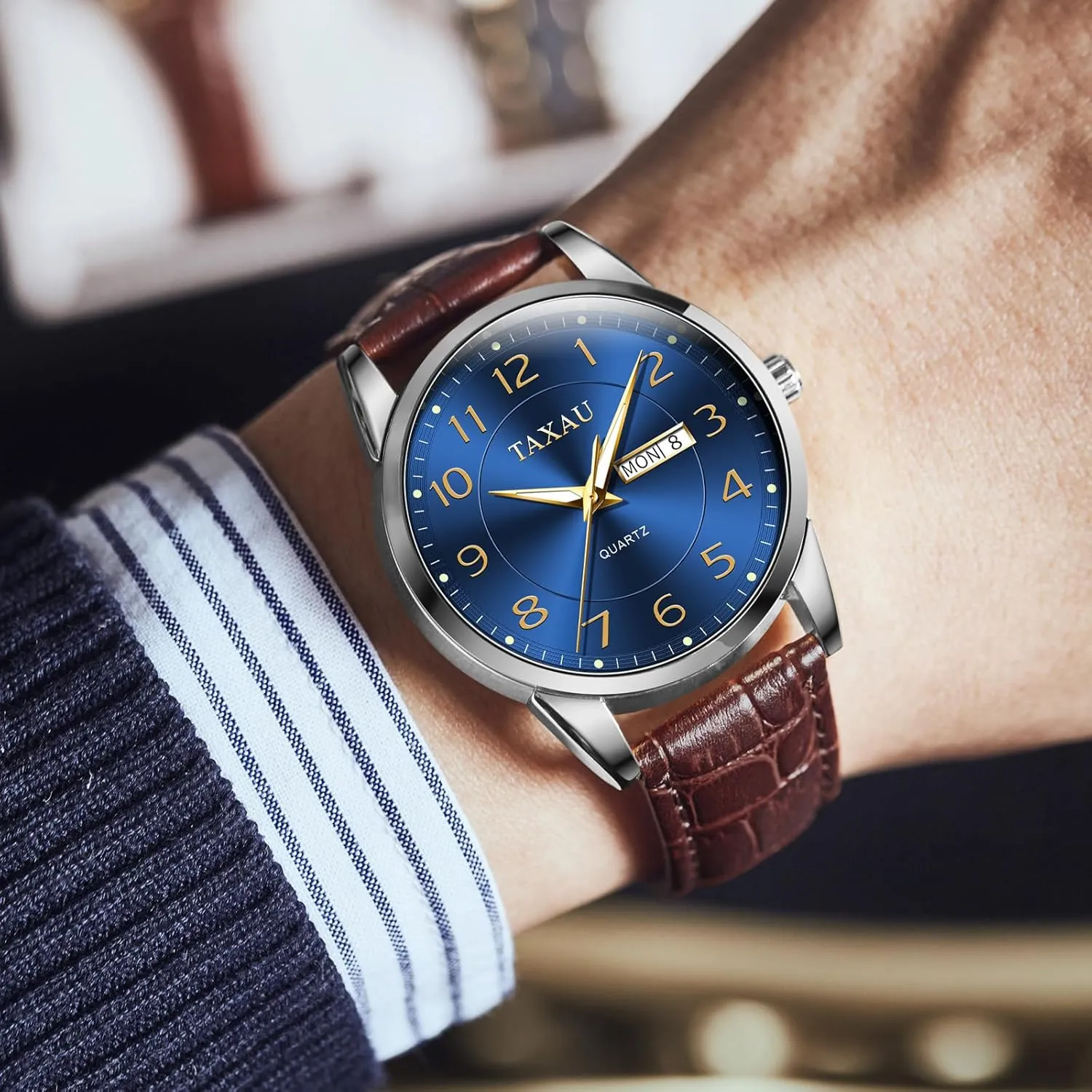 Watch Men,Big Face Watch for Men,Leather Band Wrist Man Watches,Classic Date Day Watches Mens Analog Waterproof Relojes para Hombres Blue/Gray/White/Black Dial