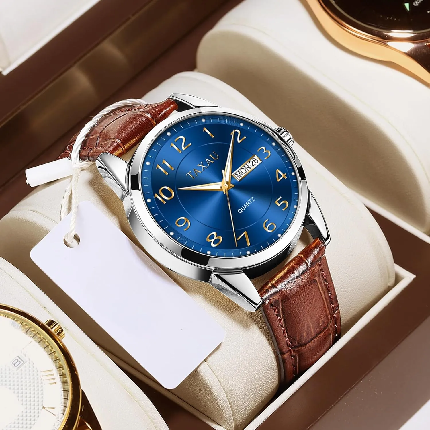 Watch Men,Big Face Watch for Men,Leather Band Wrist Man Watches,Classic Date Day Watches Mens Analog Waterproof Relojes para Hombres Blue/Gray/White/Black Dial