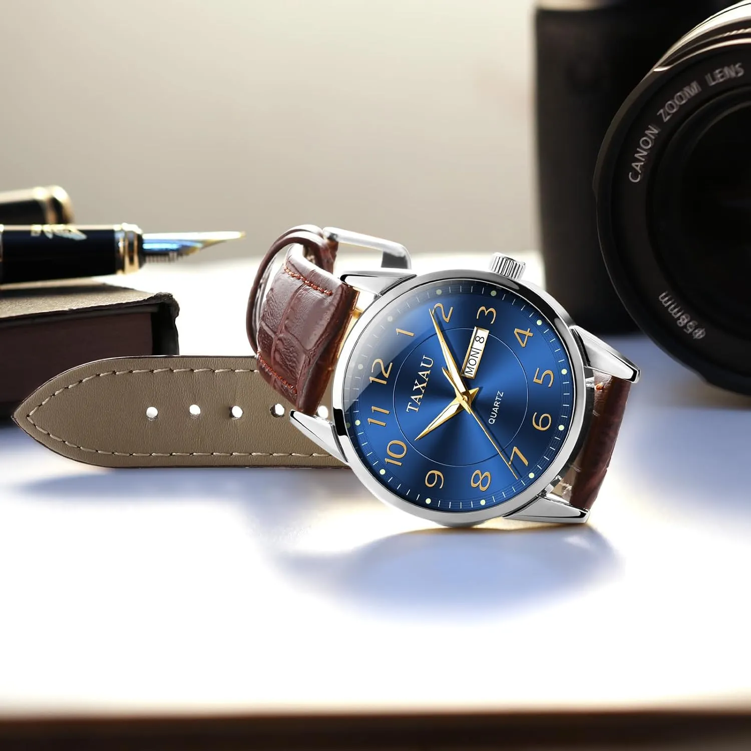 Watch Men,Big Face Watch for Men,Leather Band Wrist Man Watches,Classic Date Day Watches Mens Analog Waterproof Relojes para Hombres Blue/Gray/White/Black Dial