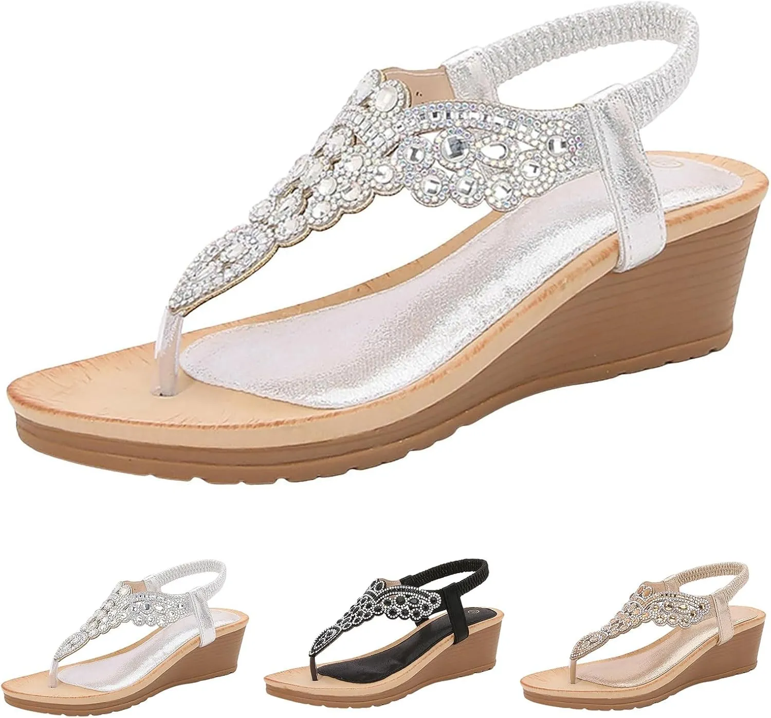 Wedge Sandals for Women Summer Bohemian Beach Rhinestone Platform Shoes, Comfortable Clip Toe Ankle Strap Orthopedic Wedges Slip on Comfort Wear with Arch Support